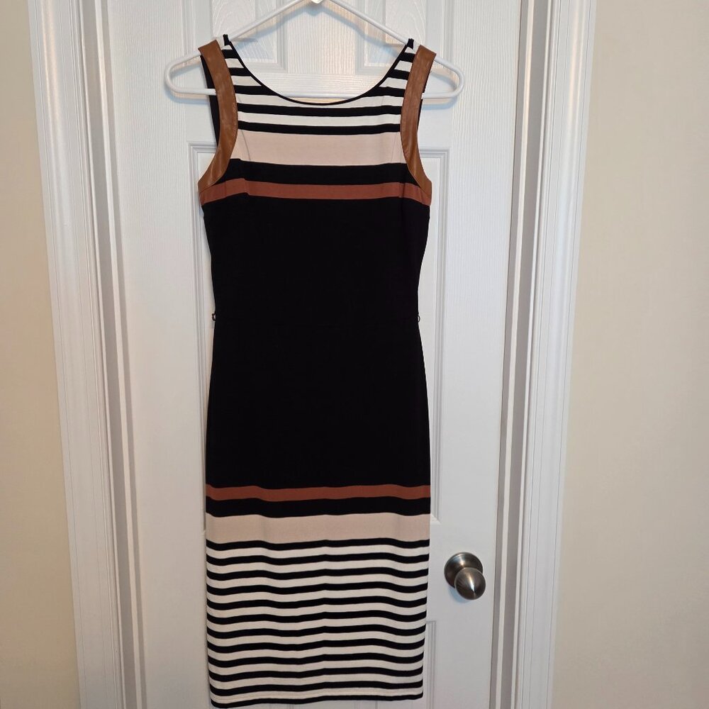 WHBM Striped Slimming Sheath w/ Faux Leather trim and Matching Jacket, Size 0/XS